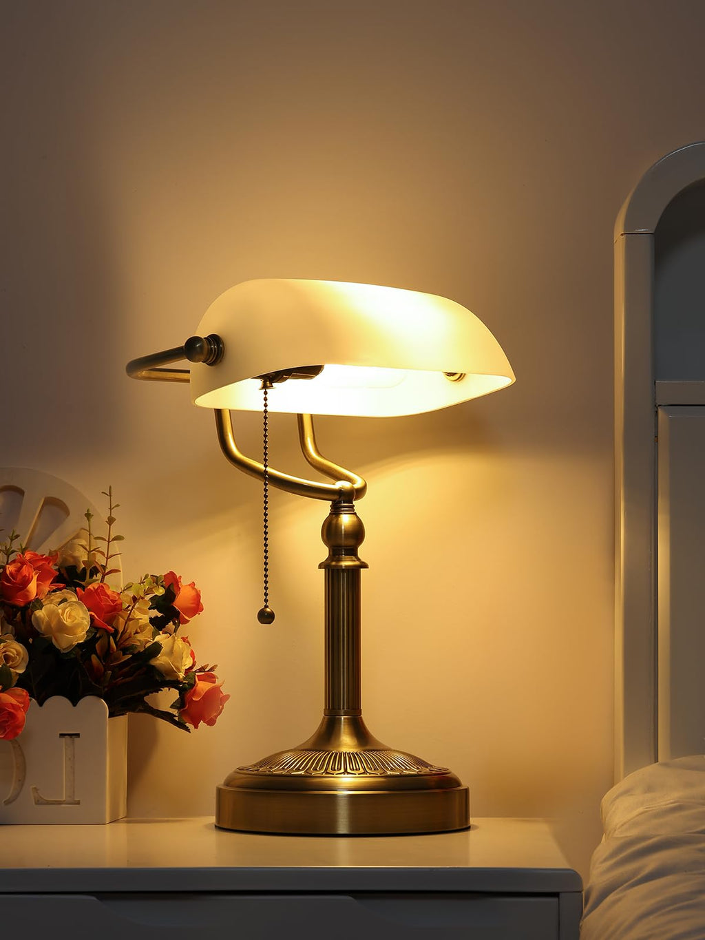 Open-Box New Newrays Glass Bankers Desk Lamp - Matted White-Green Bronze