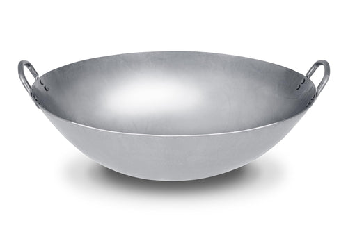 '-Inch Heavy Canton Style Hand Hammered Carbon Steel Wok - Round Bottom Silver