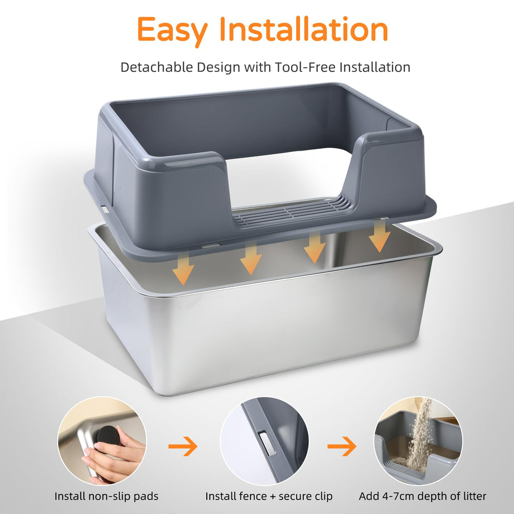 XL Gray High-Sided Stainless Steel Cat Litter Box