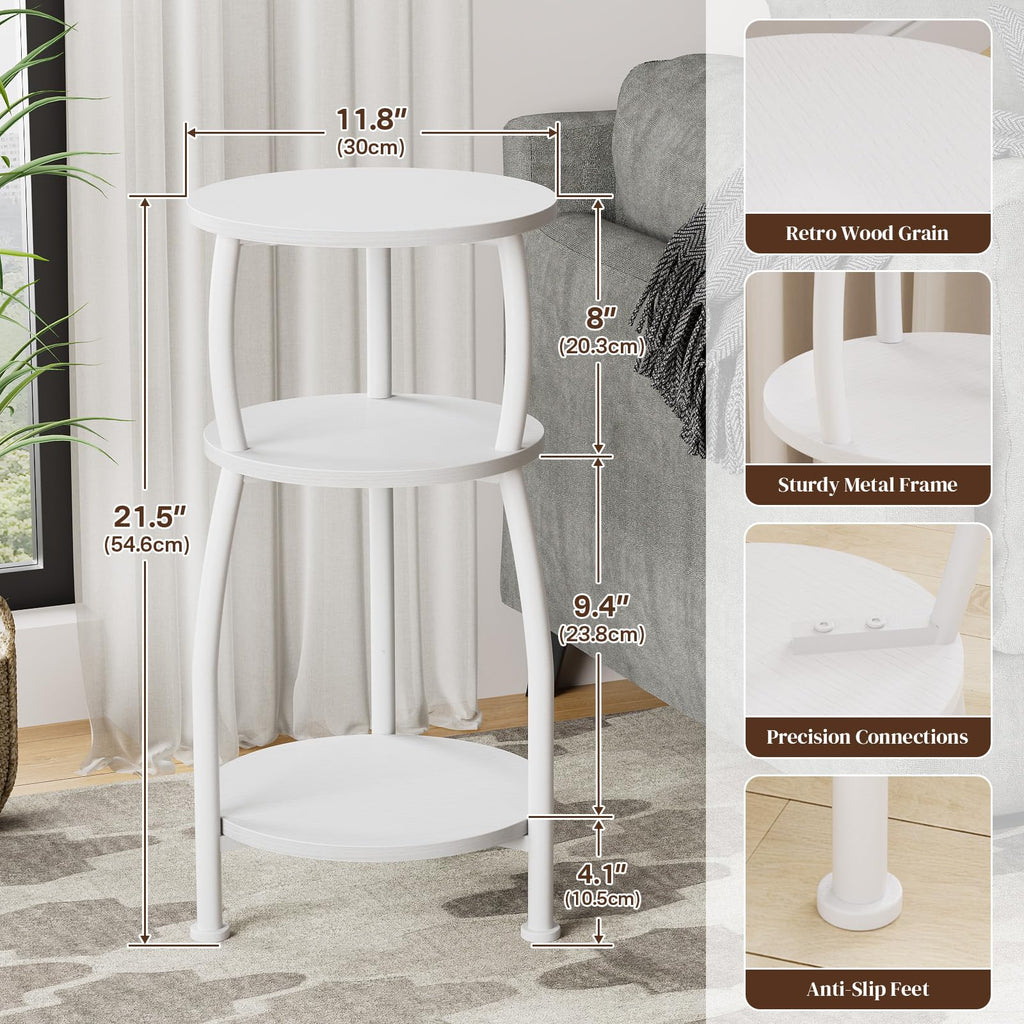 White 3-Tier Round End Table Side Nightstand with Storage Shelf