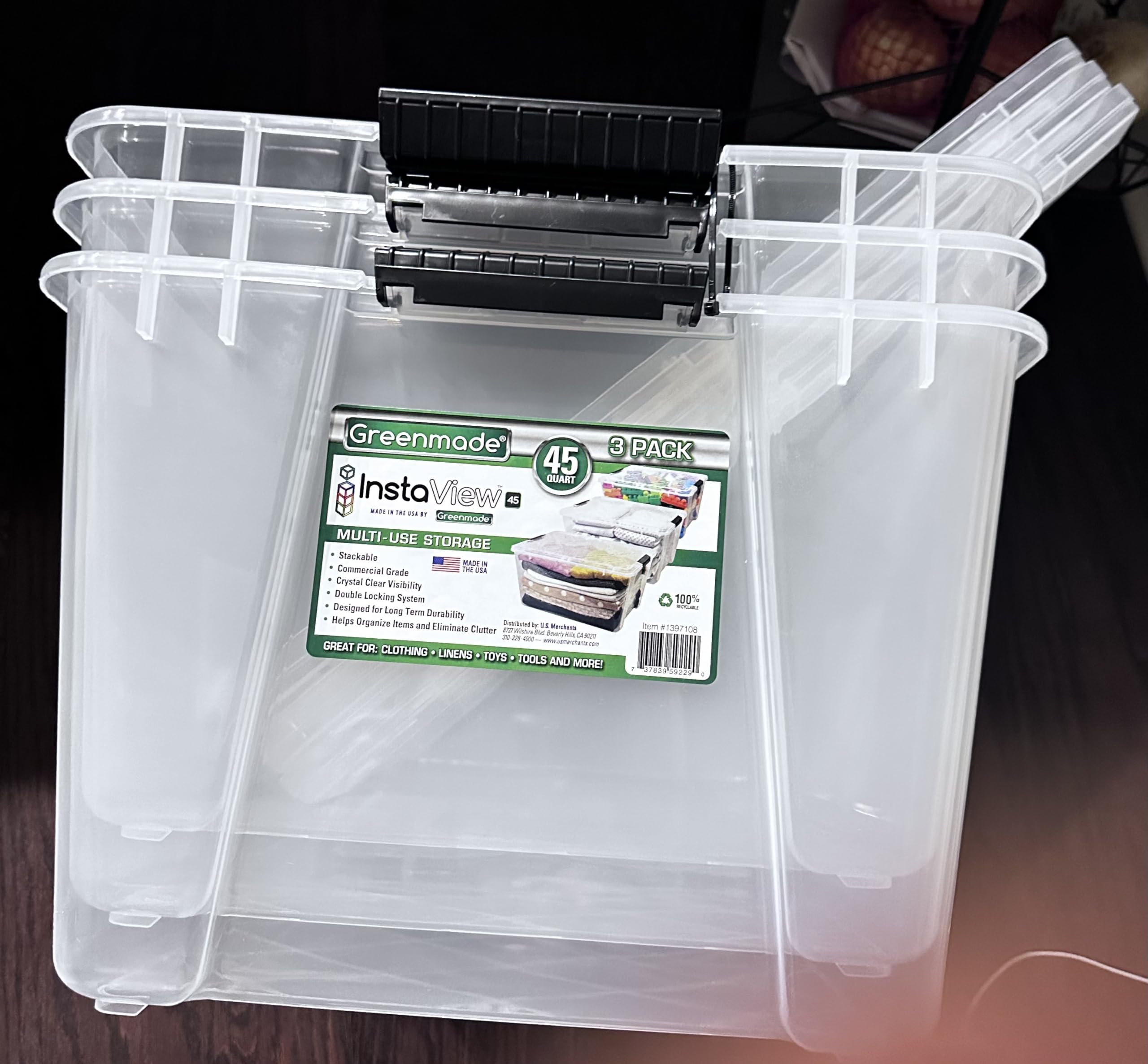 InstaView45 Multi-Use Lidded Storage Bins 45 Quart 3-Pack Stackable Crystal Clear