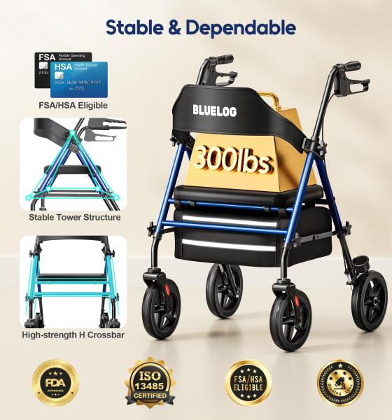 Rolling Walker with Seat Cup Holder and Cane Holder 350 lbs Capacity Blue