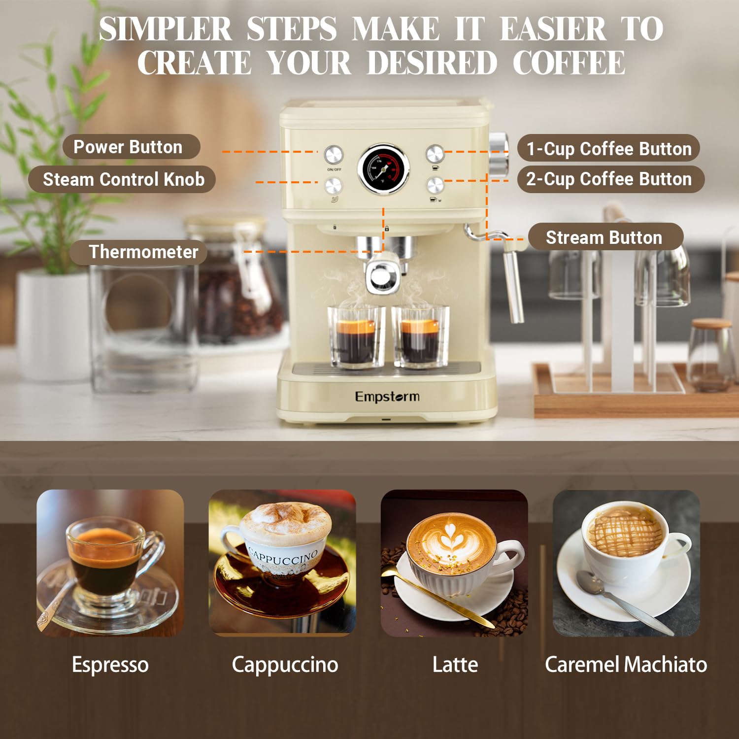 '-Bar Semi-Automatic Espresso Machine w Steam Wand 1.5L Tank White