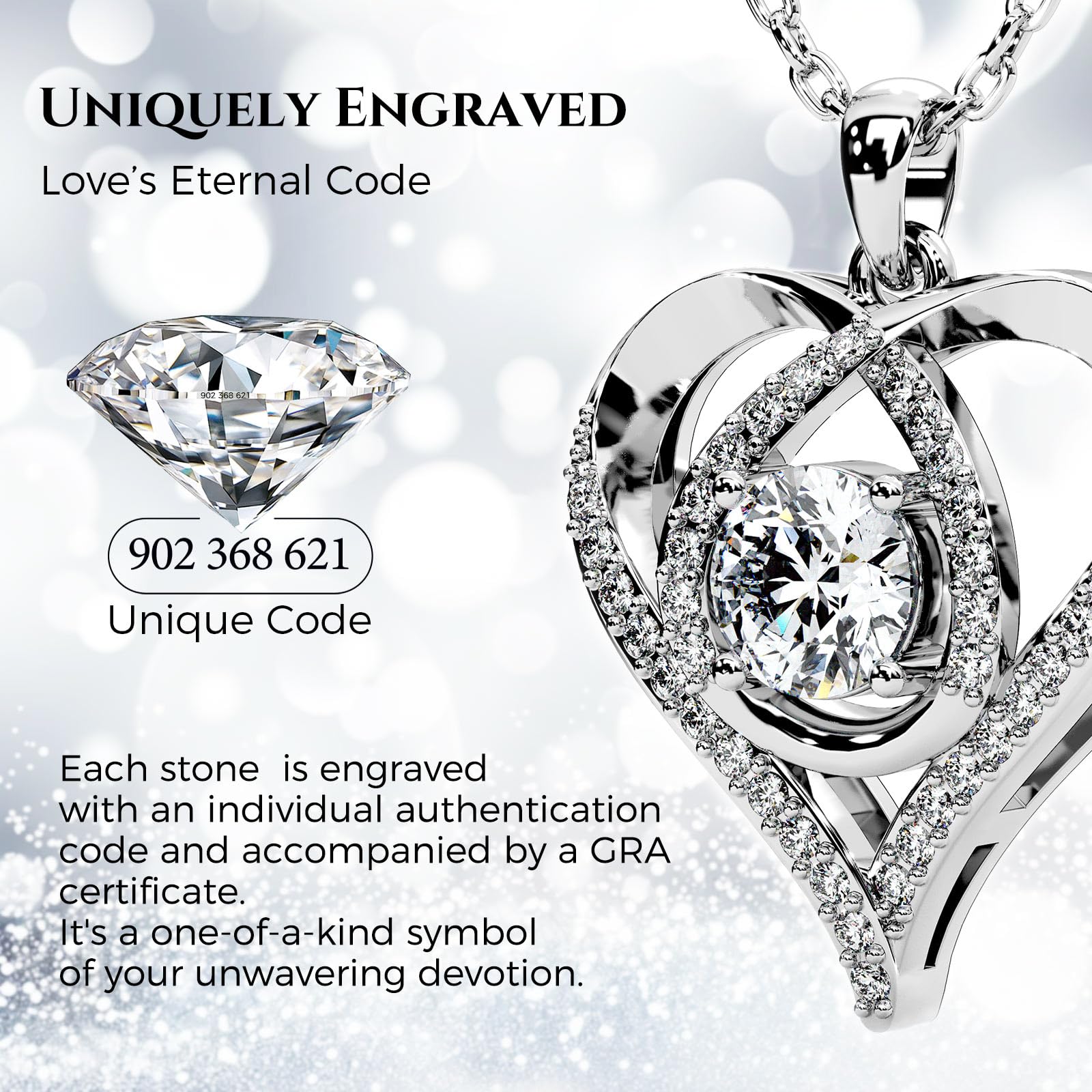 Heart Pendant Necklace Moissanite S925 Sterling Silver White Gold I Love You Engraved Retail $161.00