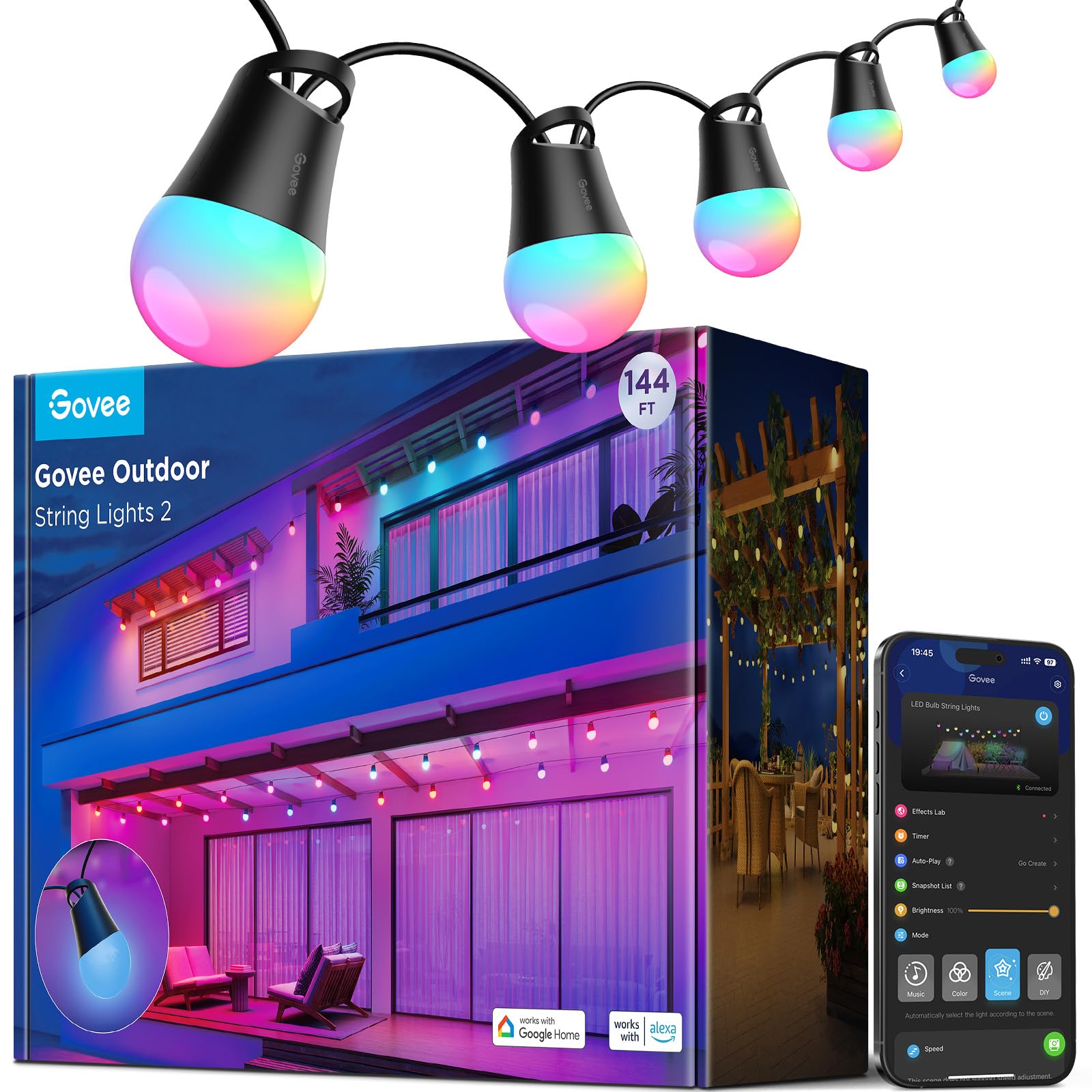 Open-Box New Govee Smart 144ft Dimmable LED RGBICW Alexa - Outdoor String Lights