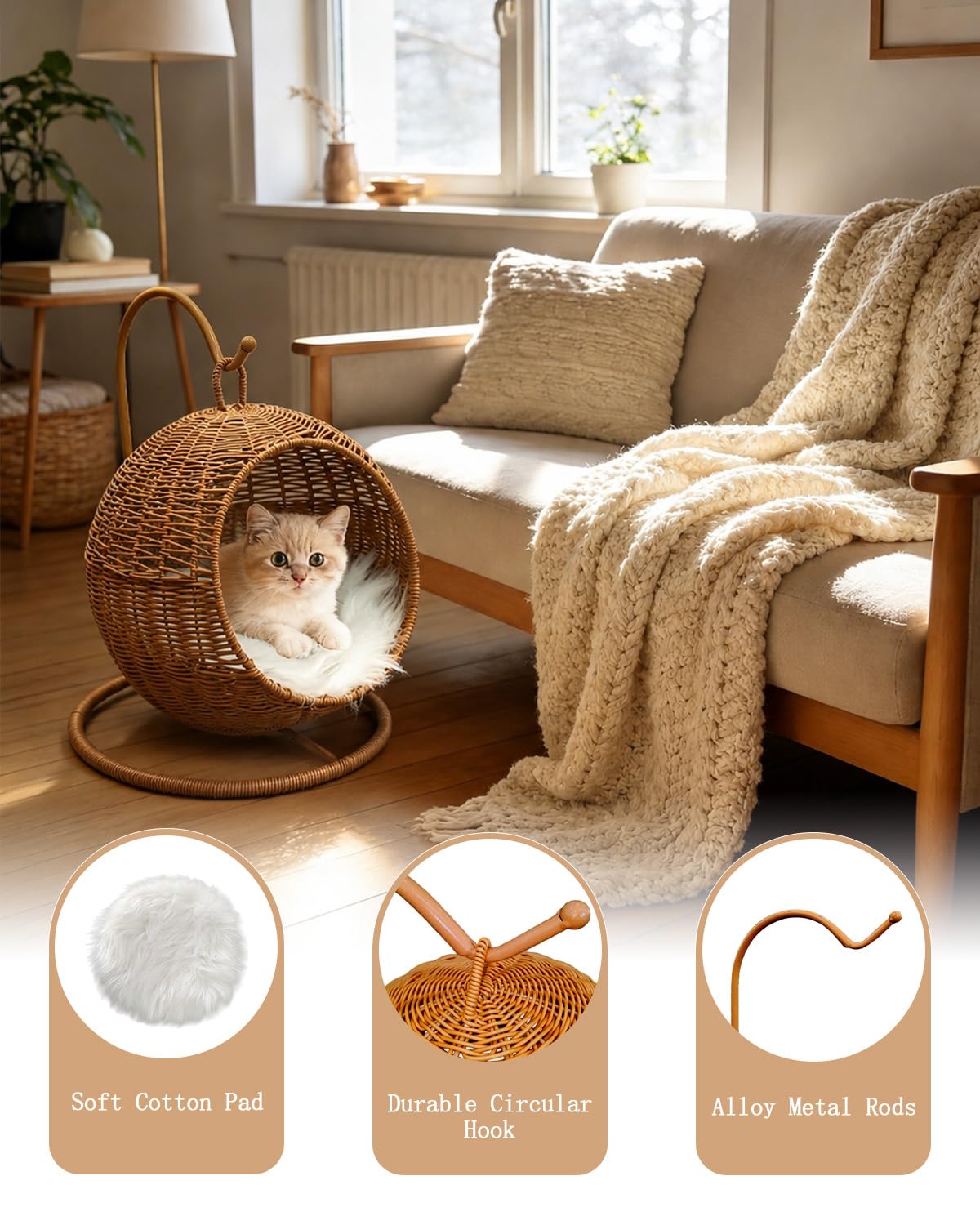 CIHTL Wicker Cat Bed Indoor & Outdoor, Handwoven PP Rattan Cat Swing Bed with Removable Washable Cushion, Breathable Waterproof Cat House for Cats & Small Dogs (Large–16.9" L × 25.98" H) Retail $89.00