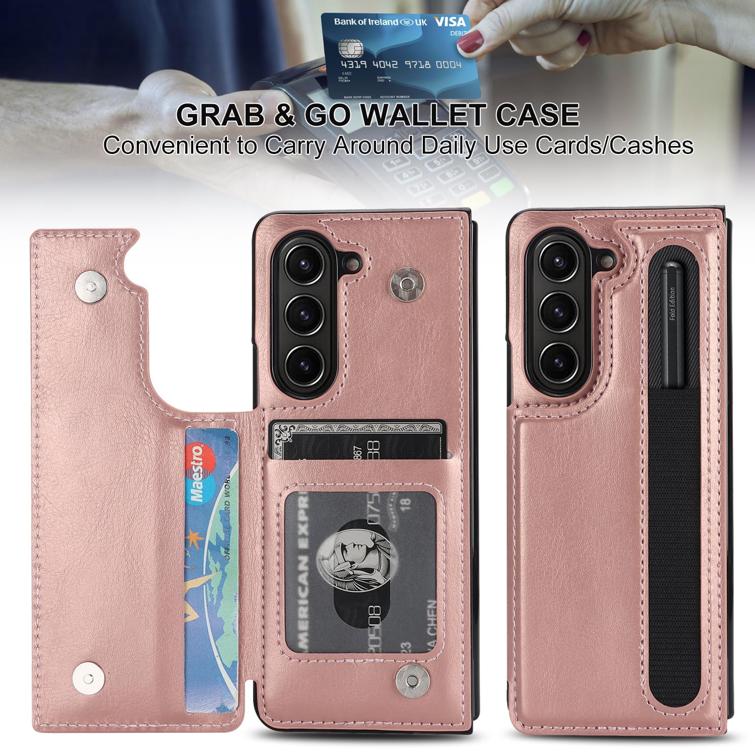 Samsung Galaxy Z Fold 5 Leather Wallet Case with Card  S-Pen Holder Kickstand - Rosegold