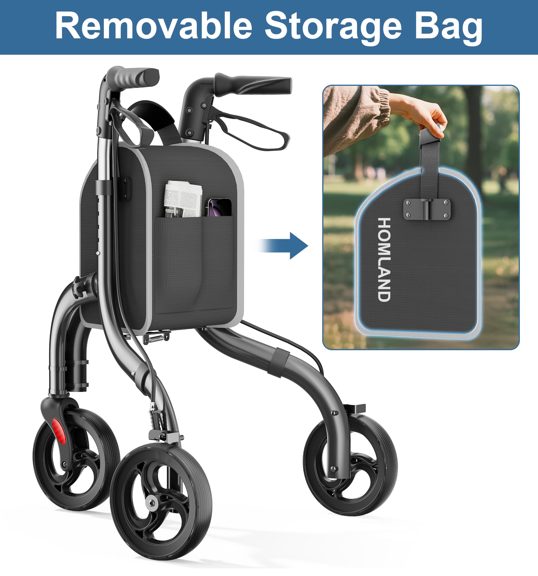 Black 3 Wheel Lightweight Foldable Aluminum Rollator Walker with Storage Bag