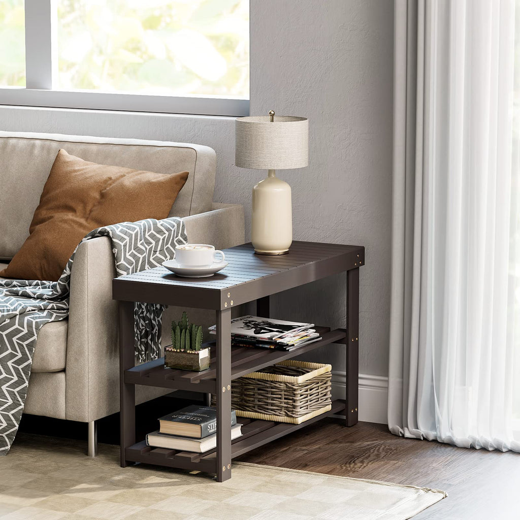 '-Tier Bamboo Shoe Rack Bench Storage Organizer for Entryway Brown