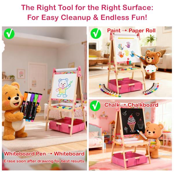 Adjustable Kids Art Easel with 3 Paper Rolls Magnetic Whiteboard and Chalkboard Pink