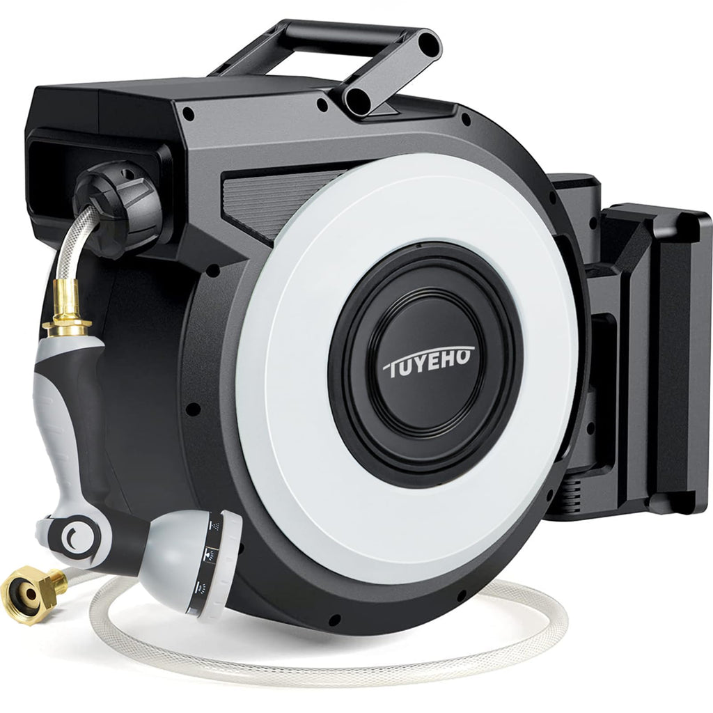 FT Retractable Garden Hose Reel Wall Mount Heavy Duty Automatic Rewind 2 Nozzles BlackCream