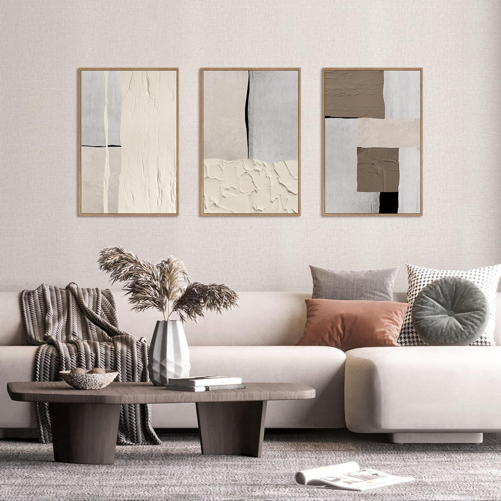New LHIUEM Large Abstract Neutral Framed Canvas Wall Art Set 24x36x3 Mid-Century Style. Retail $116.00