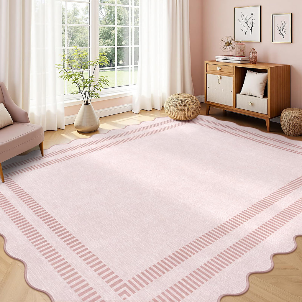 Pink 8x10 Machine Washable Non-Slip Low-Pile Area Rug with Scalloped Design
