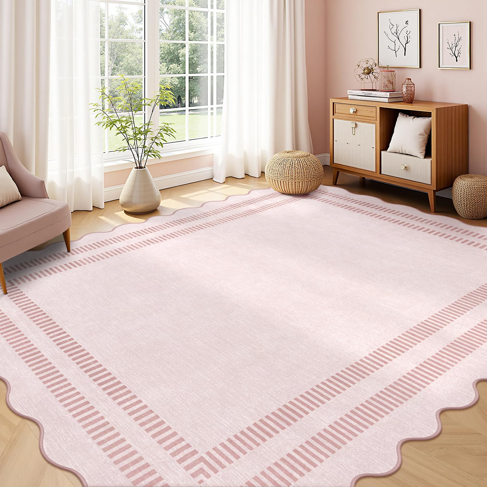 Pink 8x10 Machine Washable Non-Slip Low-Pile Area Rug with Scalloped Design