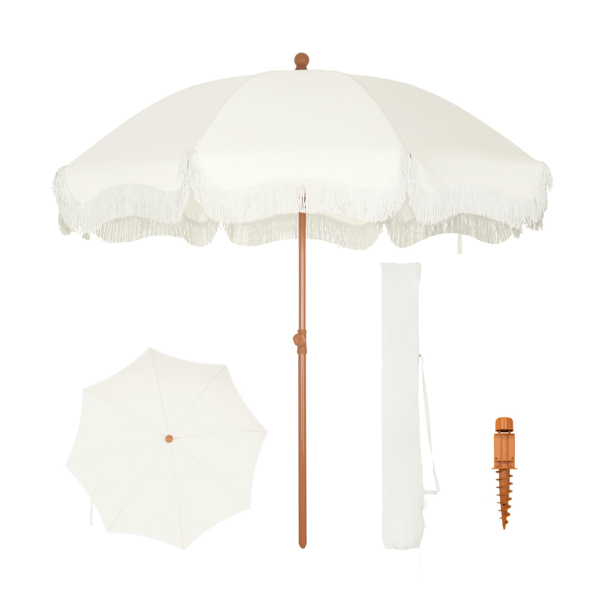 ft Creamy White Patio Beach Umbrella with Fringe Design Sand Anchor