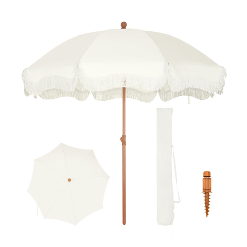 ft Creamy White Patio Beach Umbrella with Fringe Design Sand Anchor