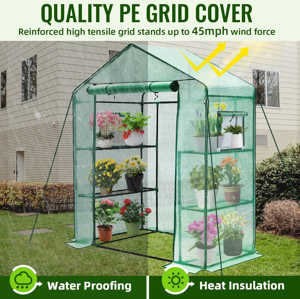 Portable Walk-in Greenhouse 3 Tiers 4 Shelves Screen Windows PE Cover Green 28x57x76