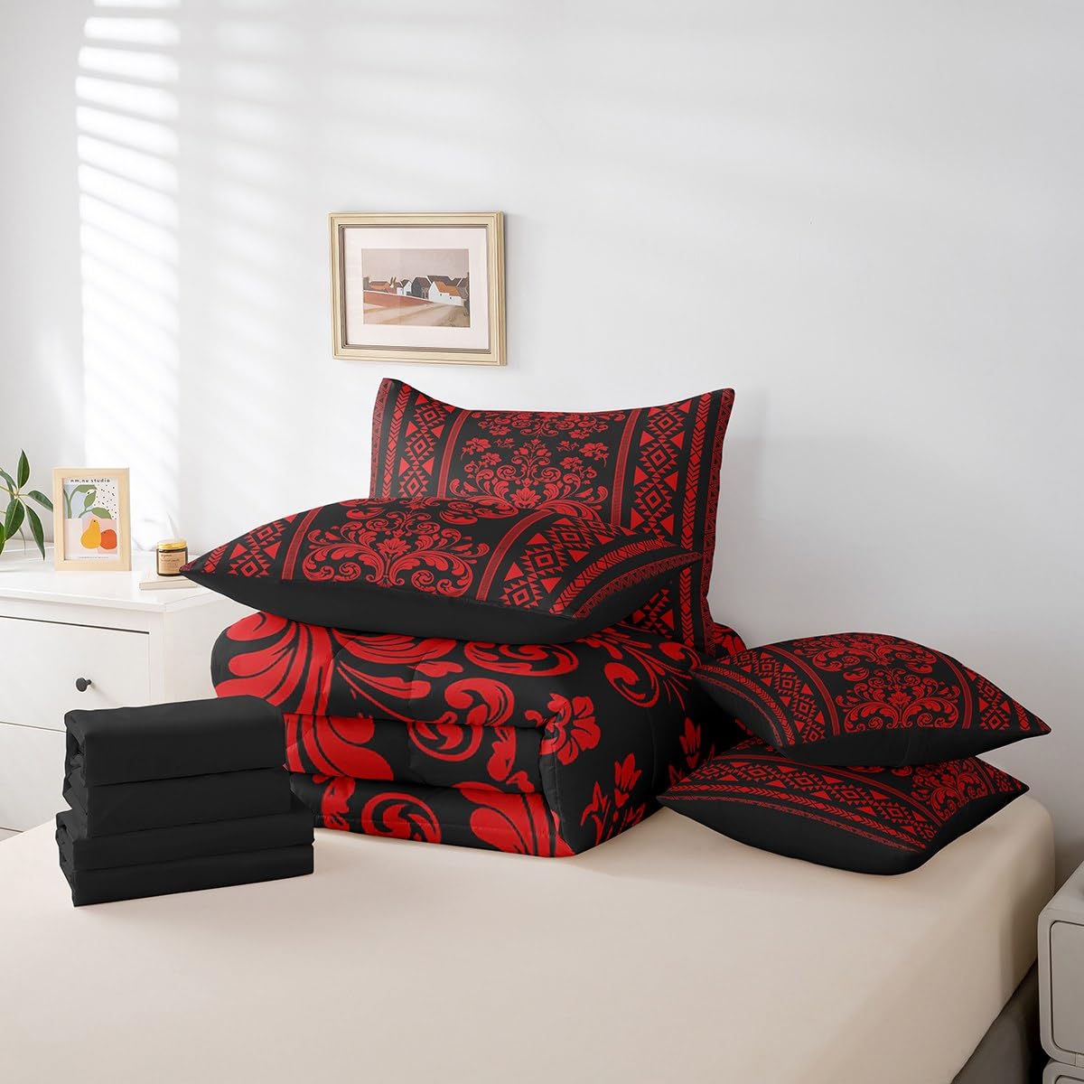 New RezsoyeN Red Damask Full Size 7-Piece Comforter  Sheet Set - Victorian Baroque