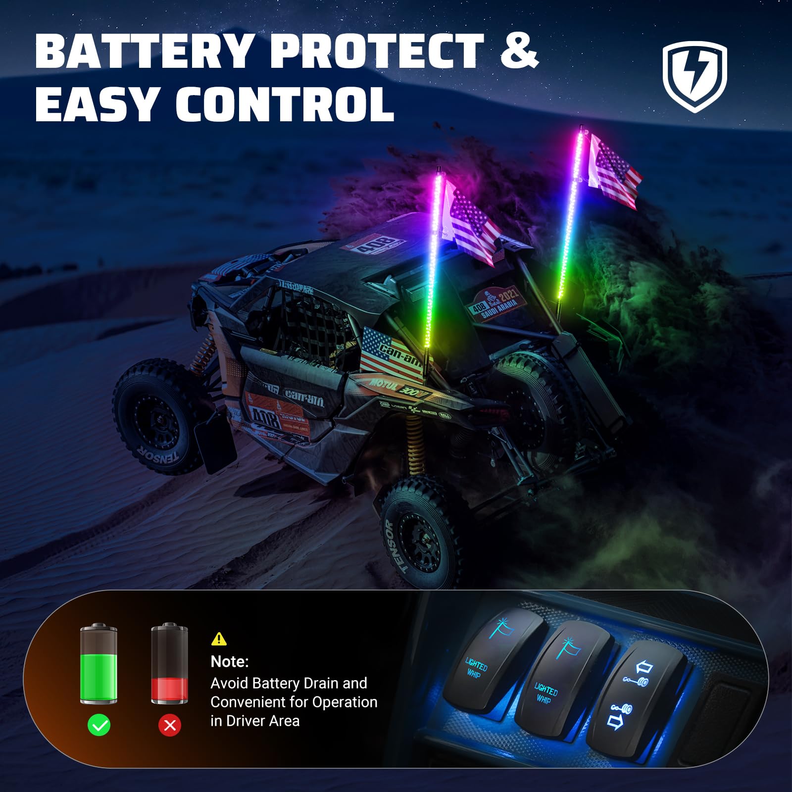 Ehaho 2 PCS 2FT Whip Lights with Spring Base, APP & Remote Control Led Whip Lights for Side by Side, Spiral RGB Chasing Lighted Whips with Rocker Switch, Music Led Whips for UTV ATV RZR SXS Can-Am Retail $79.00