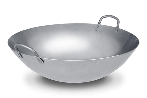 '-Inch Heavy Canton Style Hand Hammered Carbon Steel Wok - Round Bottom Silver