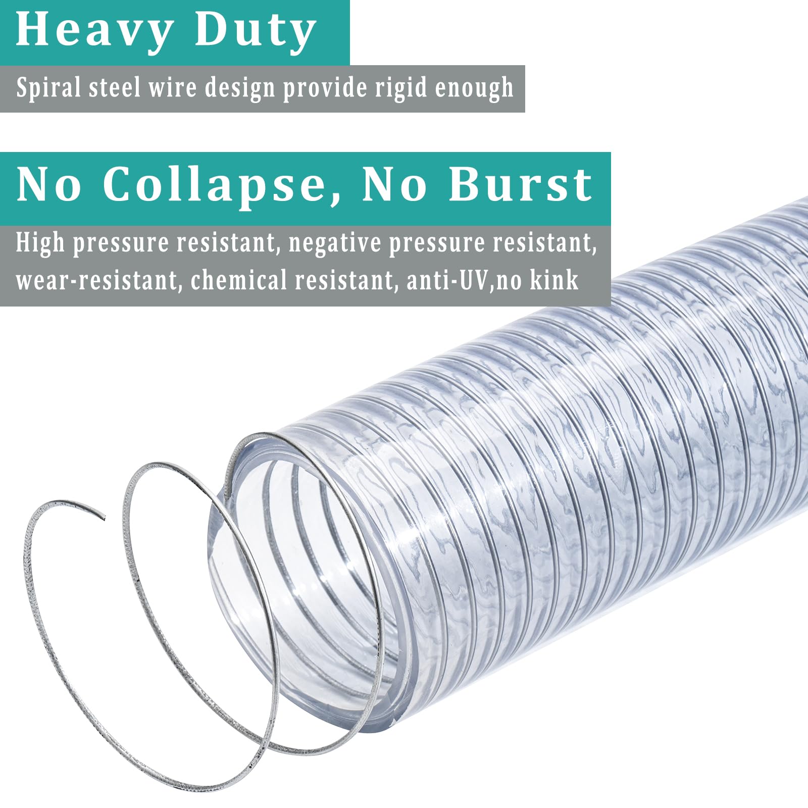 Clear Wire Reinforced Suction Hose 2” ID × 2-5/16” OD - 10ft Heavy Duty Flexible PVC Spiral Steel Wire Pipe High Pressure Vacuum Vinyl Tubing for Drawing Water Oil Powder (10 ft, 2" ID)