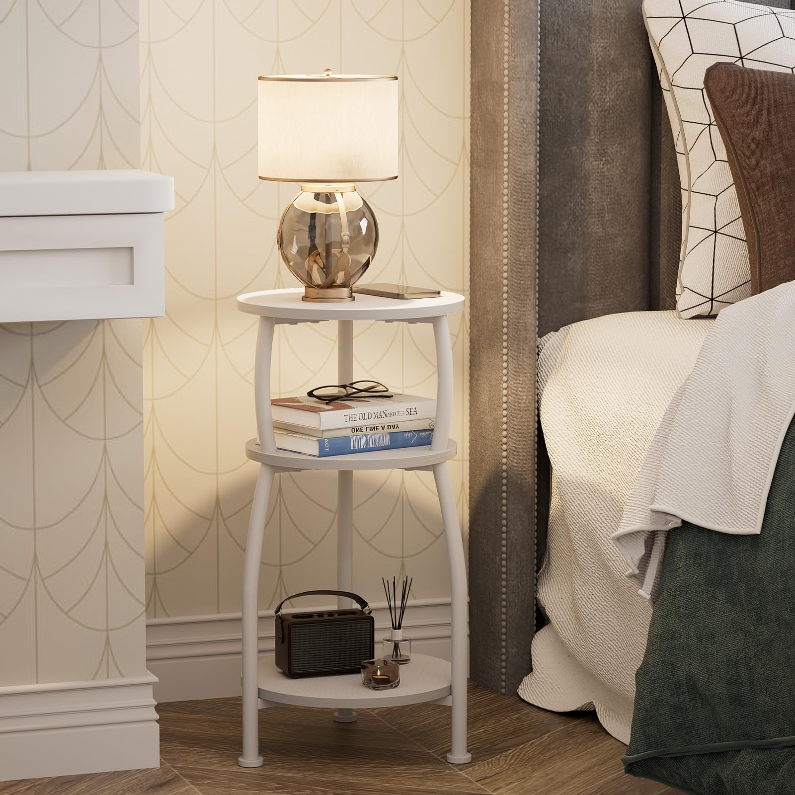 White 3-Tier Round End Table Side Nightstand with Storage Shelf