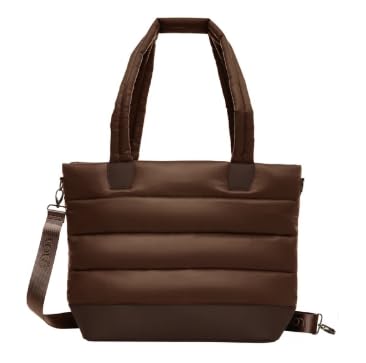 Large Brown Puffer Tote Bag with Laptop Pocket Adjustable  Luggage Strap
