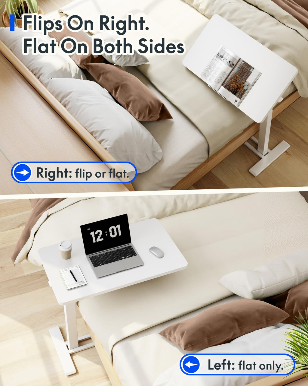 White Mobile Standing Desk Adjustable Overbed Table with Wheels 31.5 W x 17.7 D