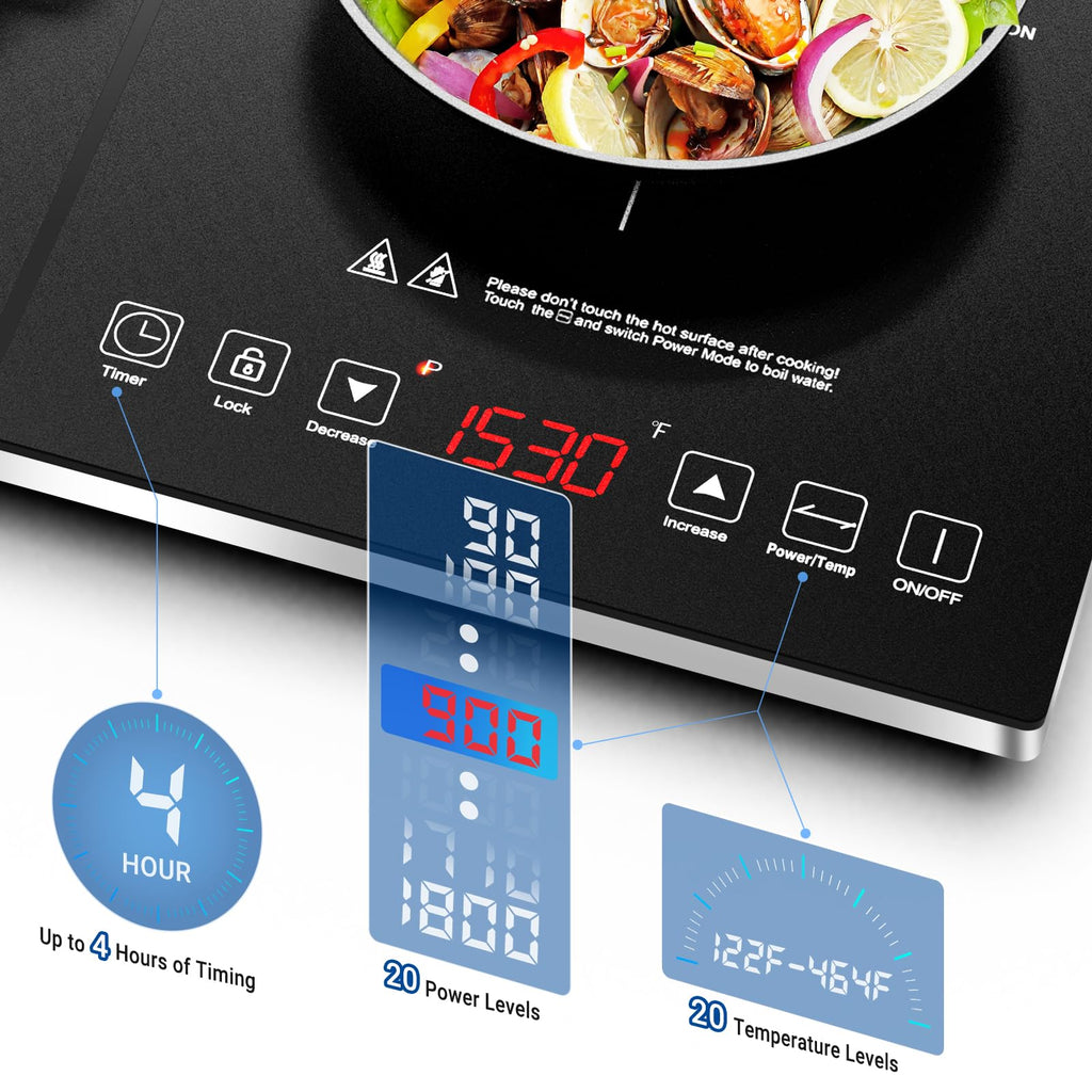 Silver  Black Glass Double Induction 2 Burner 1800W Electric Cooktop
