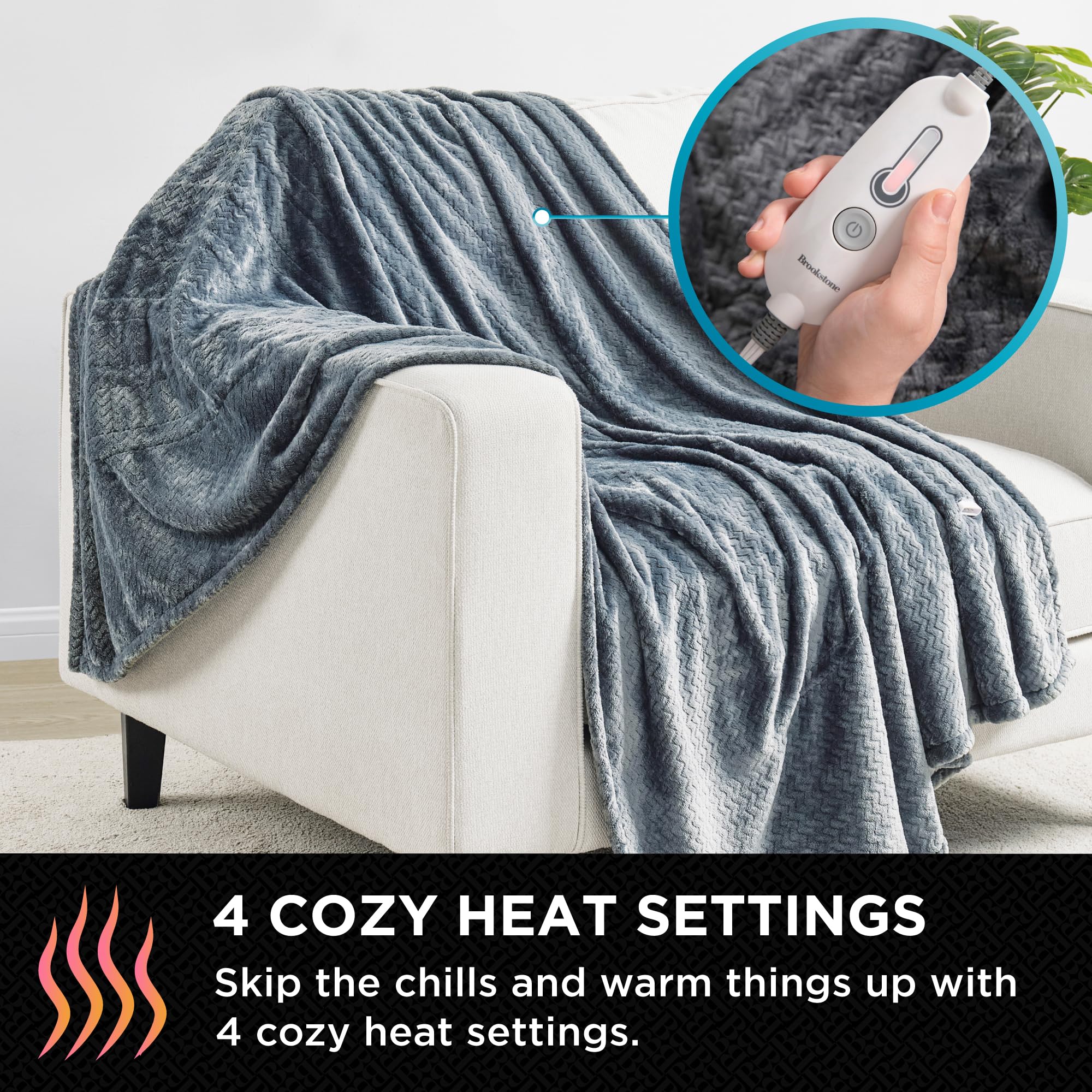 Brookstone Heated Herringbone Throw Blanket - Heat Blankets Electric - Faux Fur Heated Throw Blanket- 4 Heat Settings, 4-Hour Auto Shut Off, 100% Polyester, 50"x60" - Charcoal
