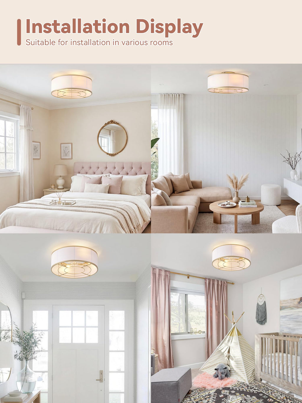 Gold Boho Low Profile Ceiling Fan with Light Flush Mount  Remote Control