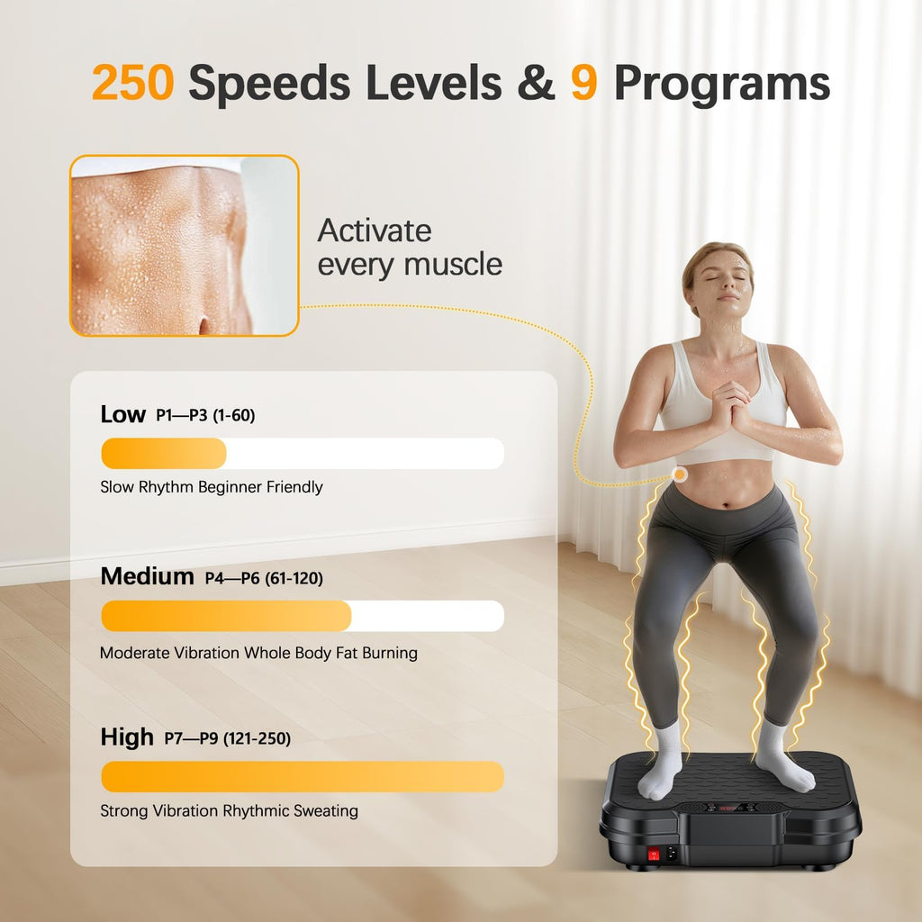 Black Vibration Plate Exercise Machine 250 Speeds 500 lbs Capacity Full Body Workout