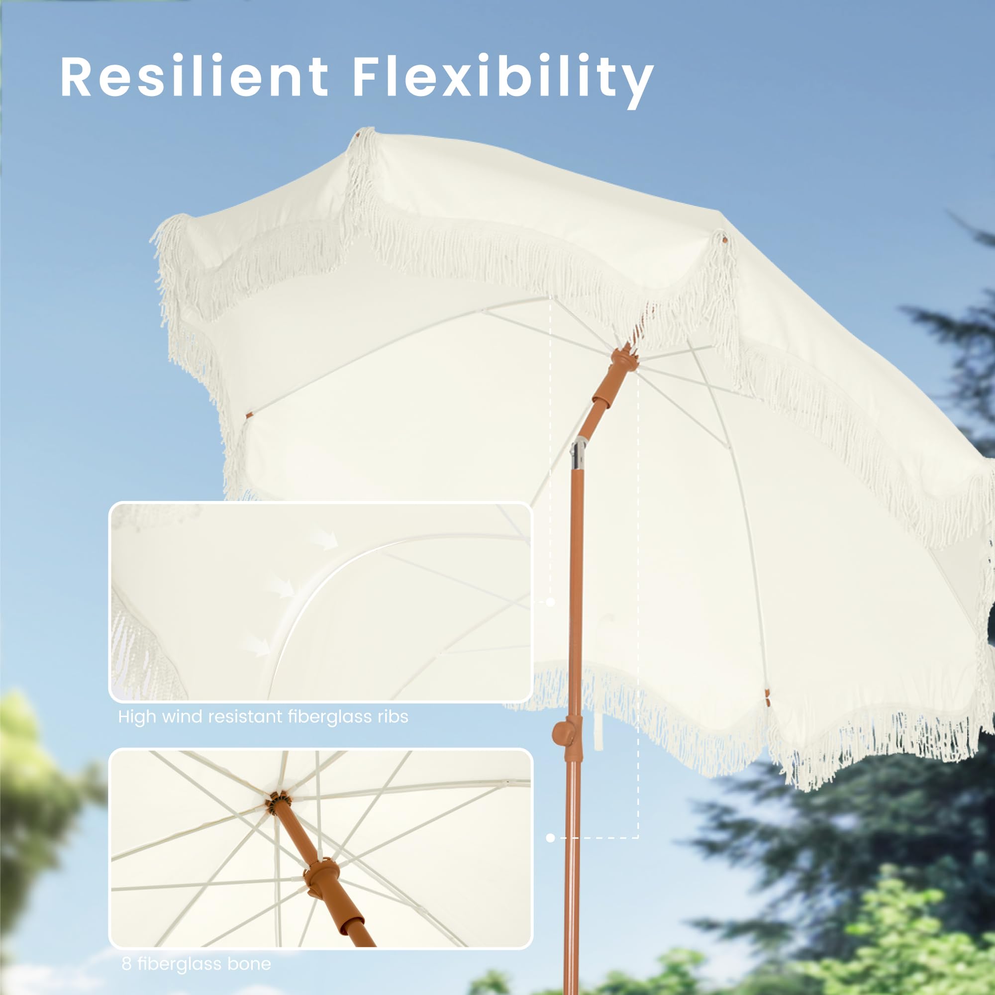 ft Creamy White Patio Beach Umbrella with Fringe Design Sand Anchor