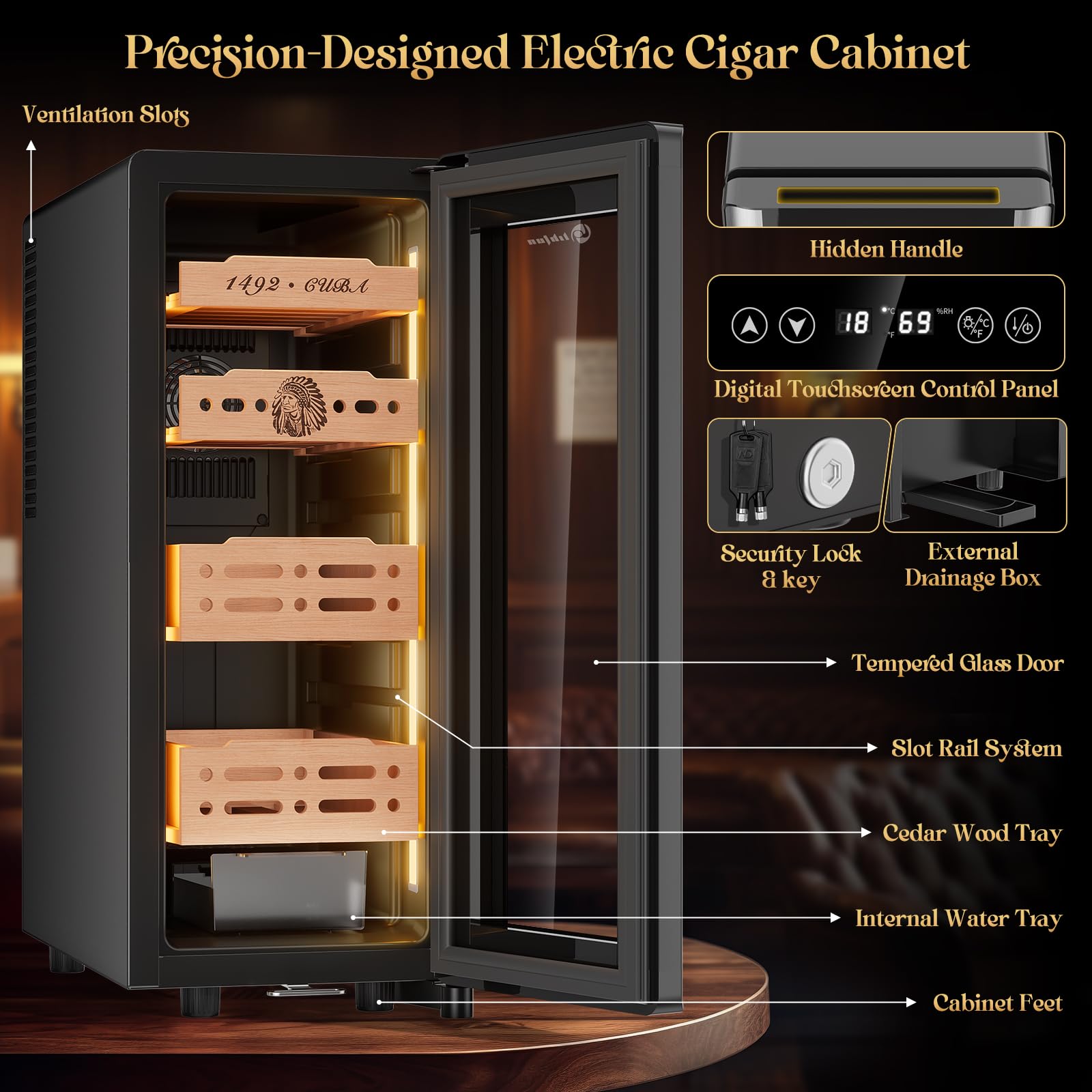 LIHTUN 35L Electric Cigar Humidor Cabinet Black Retail $298.00