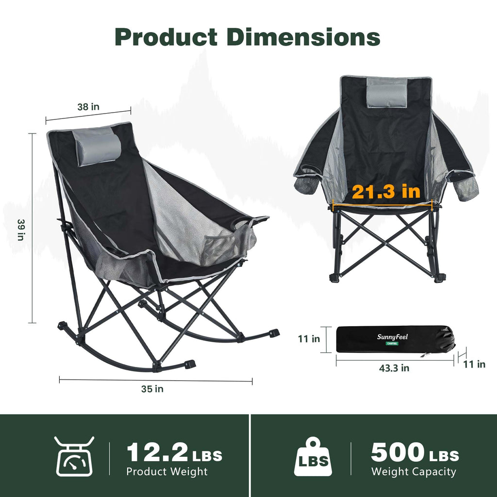 Oversized Rocking Camping Chair Fully Padded High Back Black Grey
