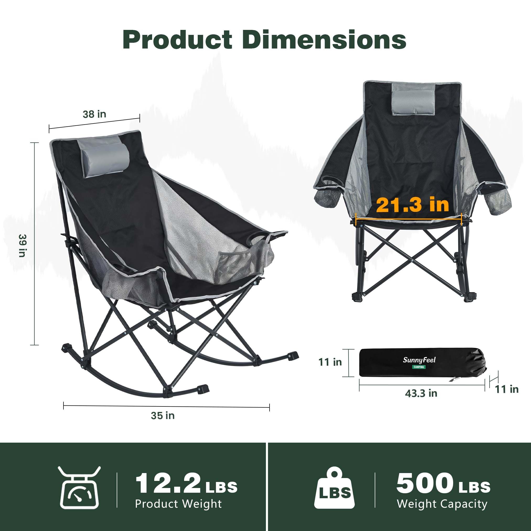 Oversized Rocking Camping Chair Fully Padded High Back Black Grey
