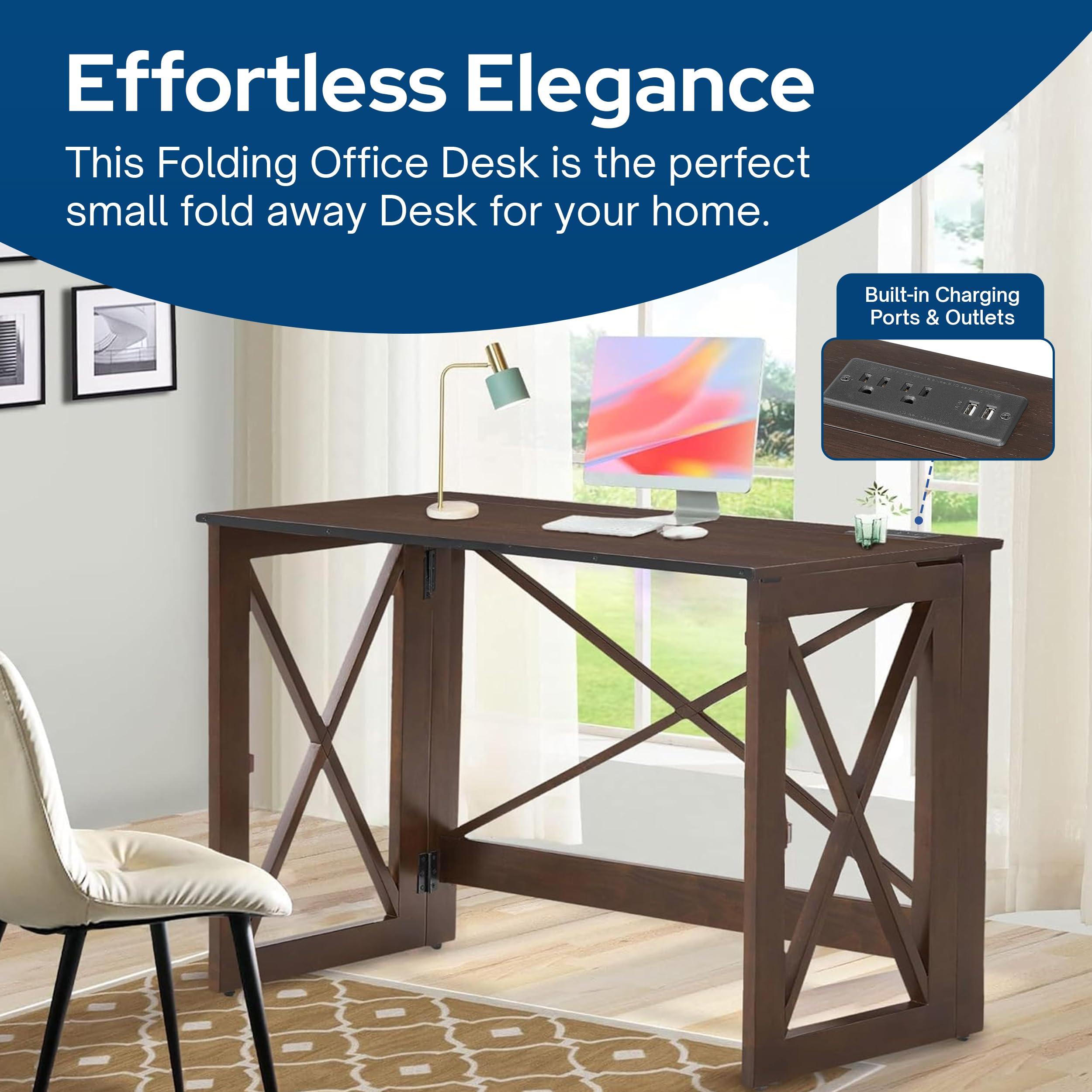 New Stakmore Folding Desk w USB  110V Outlets - Espresso Home Office Desk