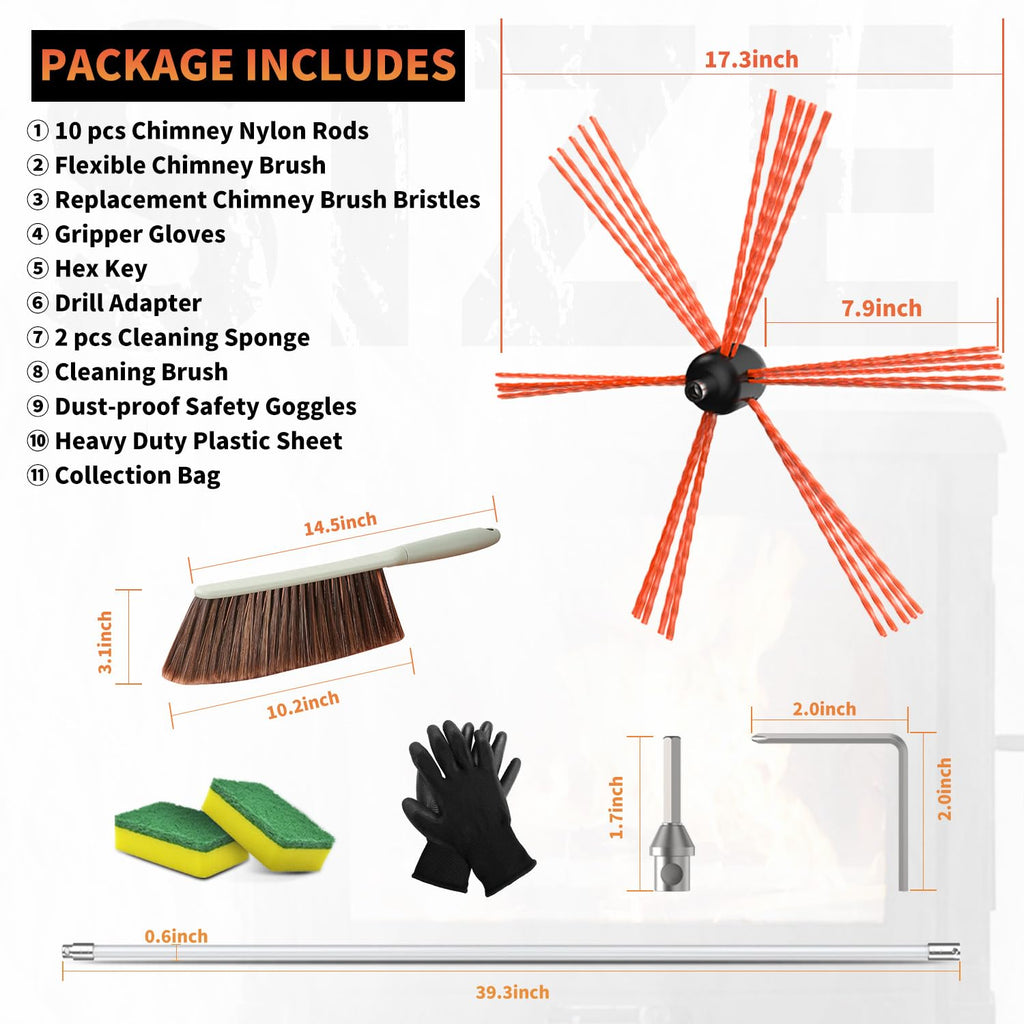 Chimney Cleaning Kit with 10 Flexible Rods Brush - 33ft Black