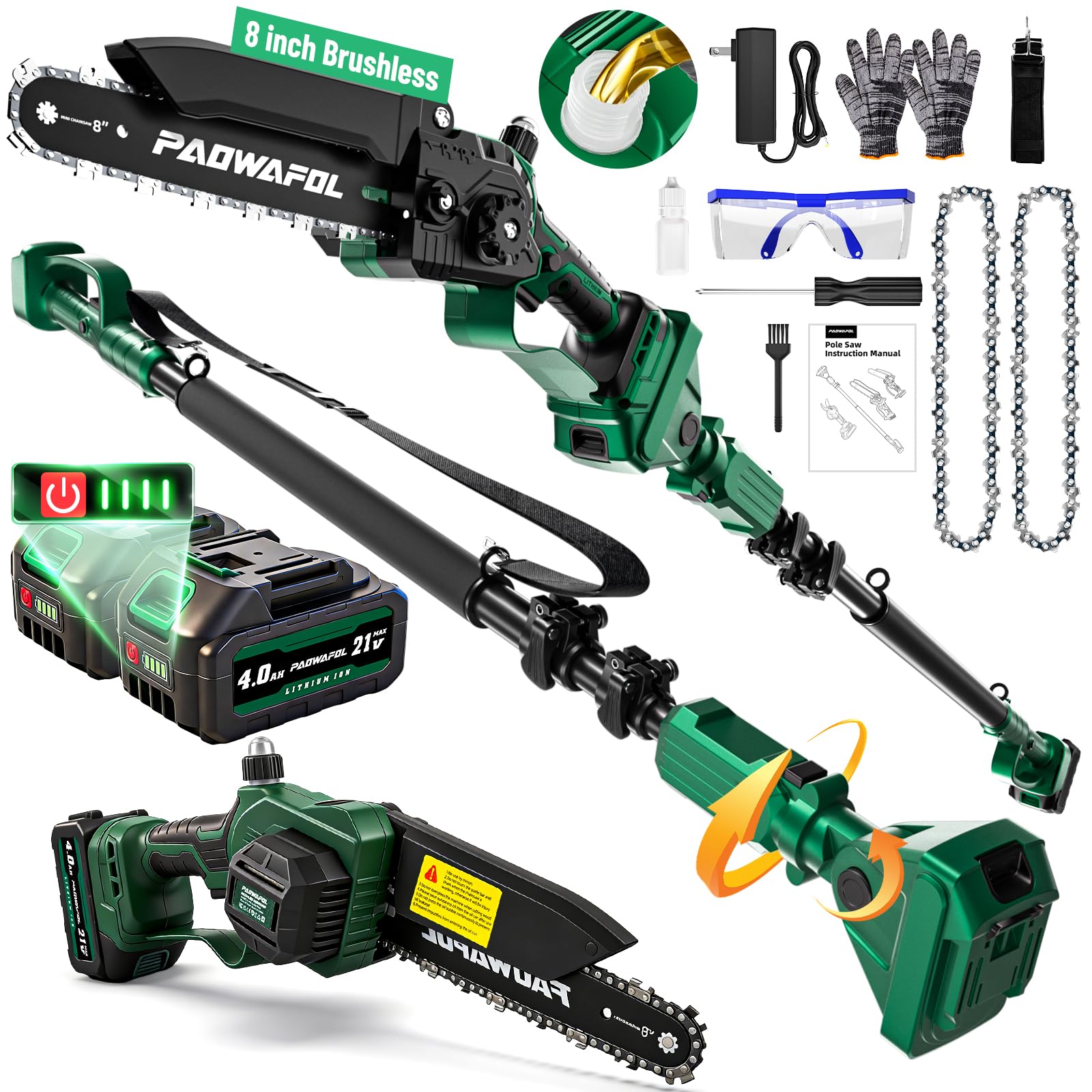 -in-1 Electric Pole Saw 8-Inch Cordless Mini Chainsaw 15 FT Extension Battery Powered