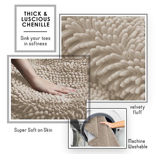 Chenille Bath Mat 26 x 44 Inches Beige Non-Slip Machine Washable