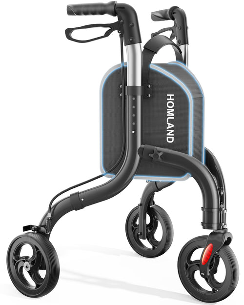 Black 3 Wheel Lightweight Foldable Aluminum Rollator Walker with Storage Bag