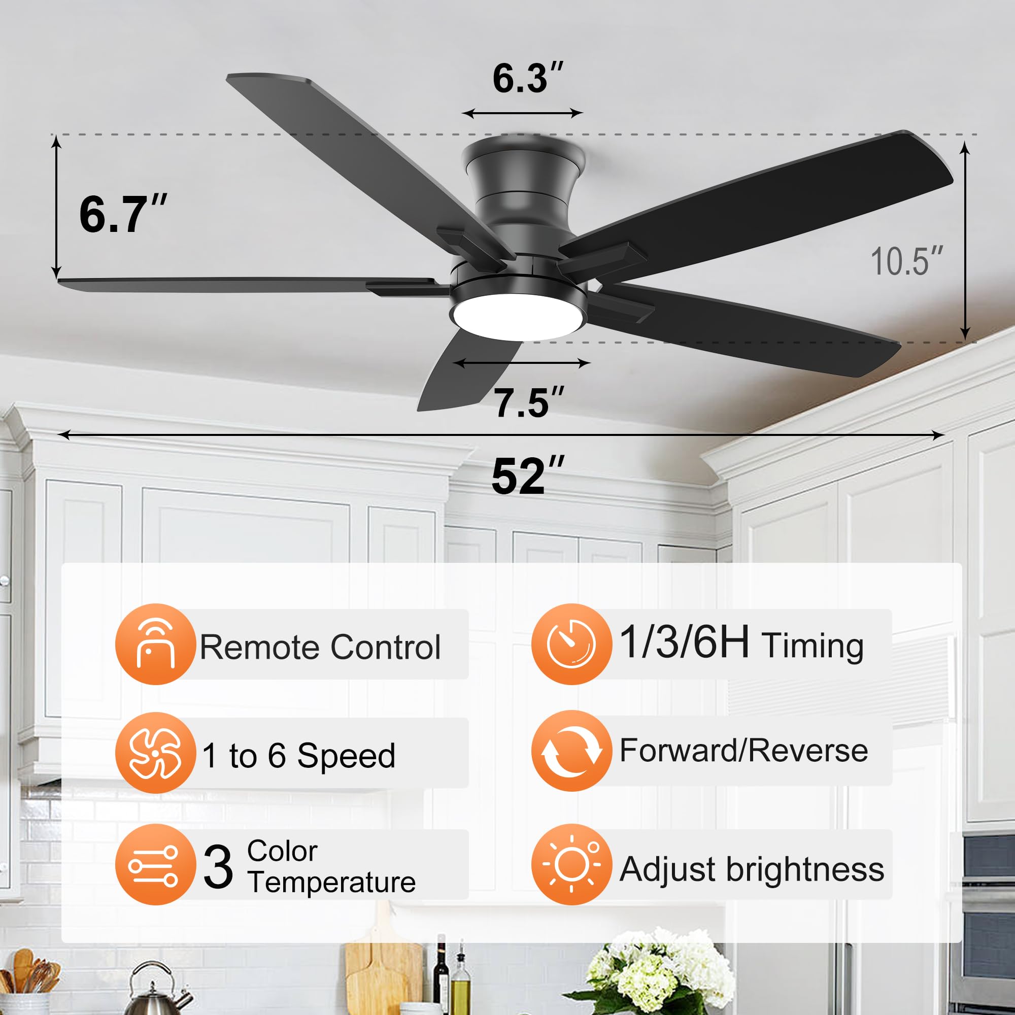 Black Low Profile DC Flush Mount Ceiling Fan with Dimmable 3CCT LED Light and 6-Speed Remote Control