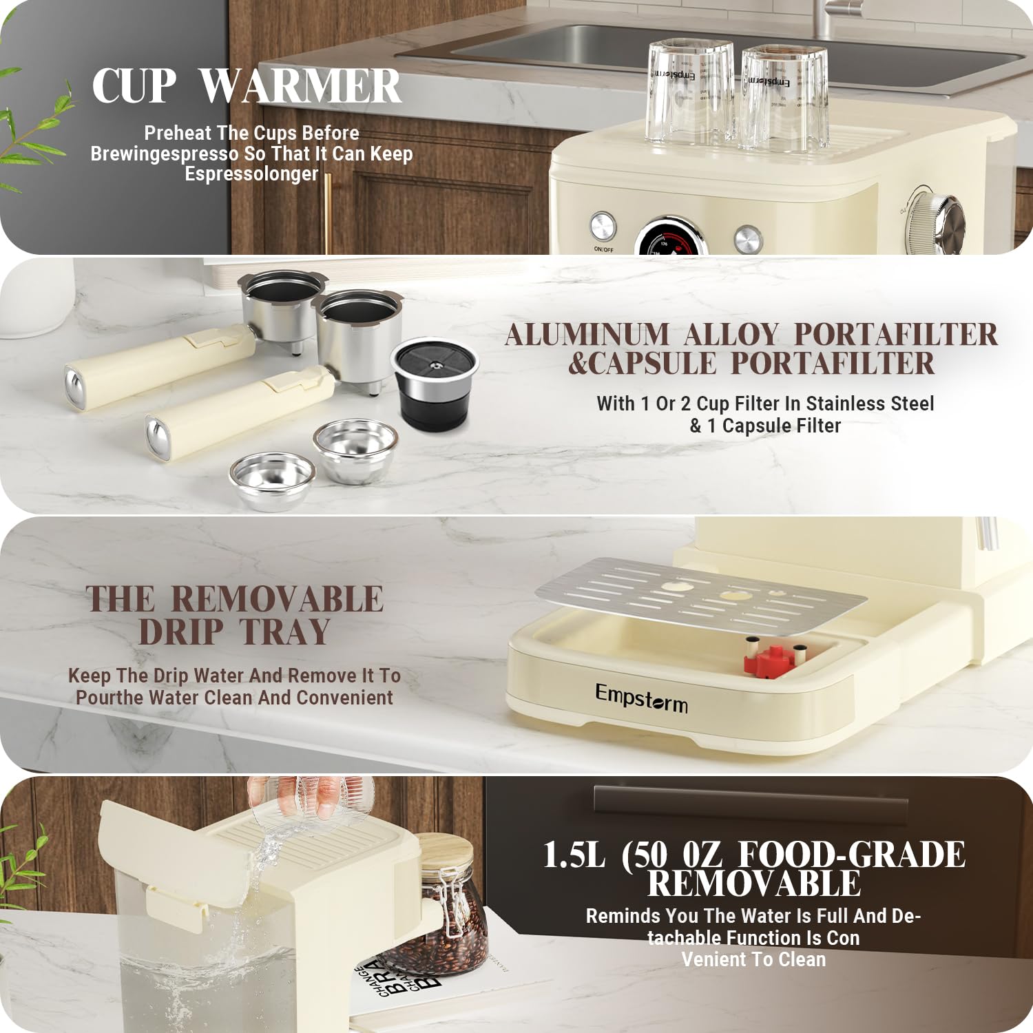 '-Bar Semi-Automatic Espresso Machine w Steam Wand 1.5L Tank White