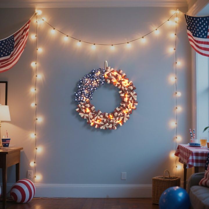 Inch Patriotic Burlap Red White Blue Wreath with Timer Light Strip