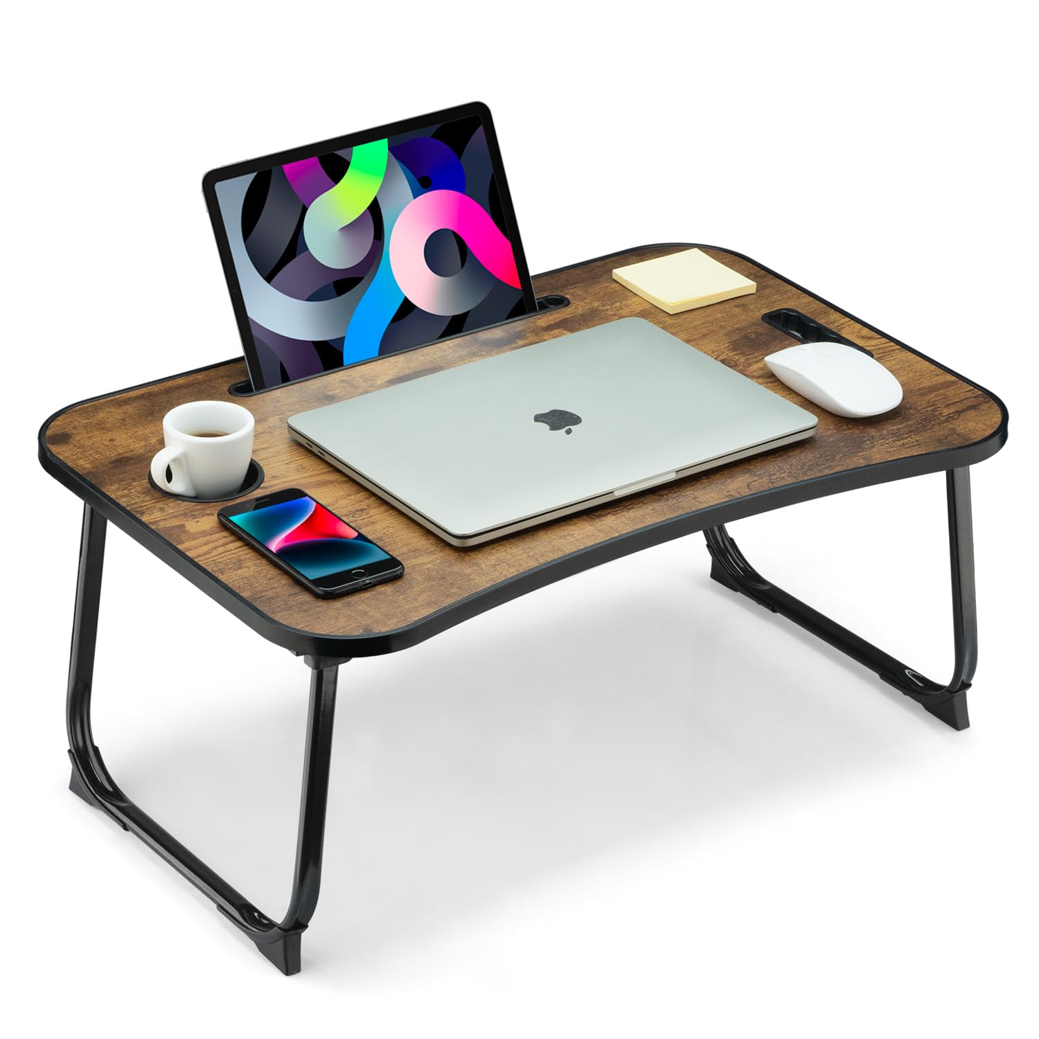 Rustic Brown Foldable Lap Desk Bed Table w Cup Holder  Tablet Slot 23.6 x 15.7