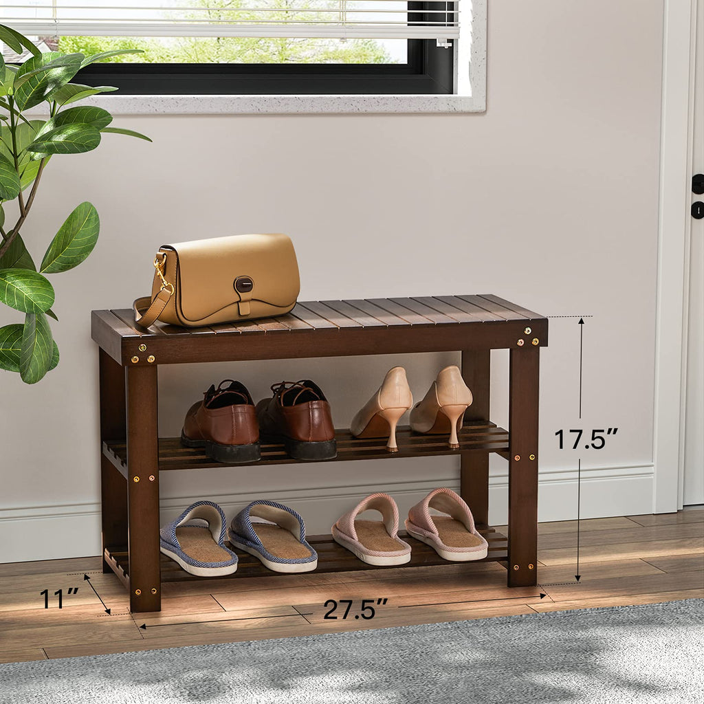 '-Tier Bamboo Shoe Rack Bench Storage Organizer for Entryway Brown