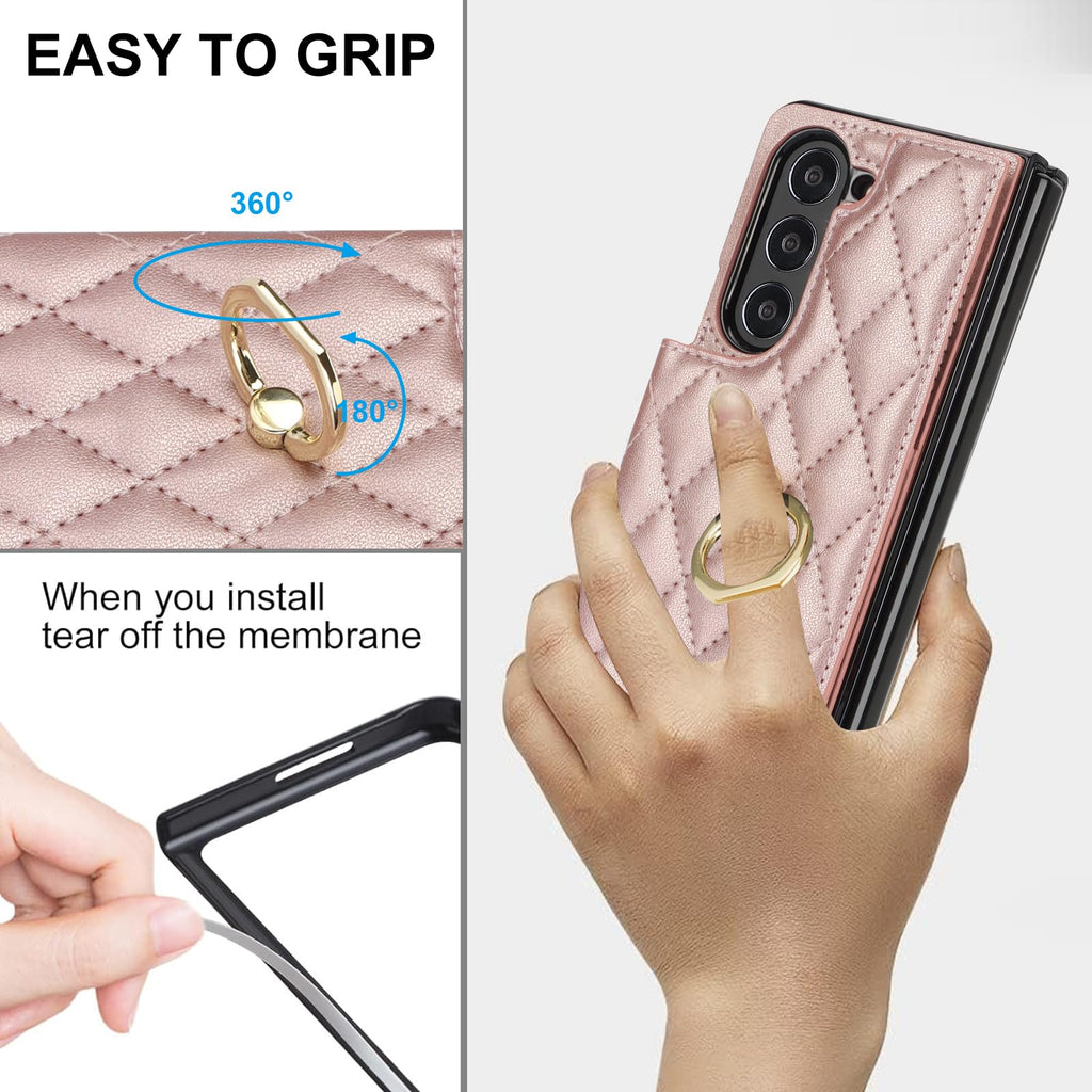 Samsung Galaxy Z Fold 6 Leather Wallet Case w Ring Card Holder Kickstand - Rosegold