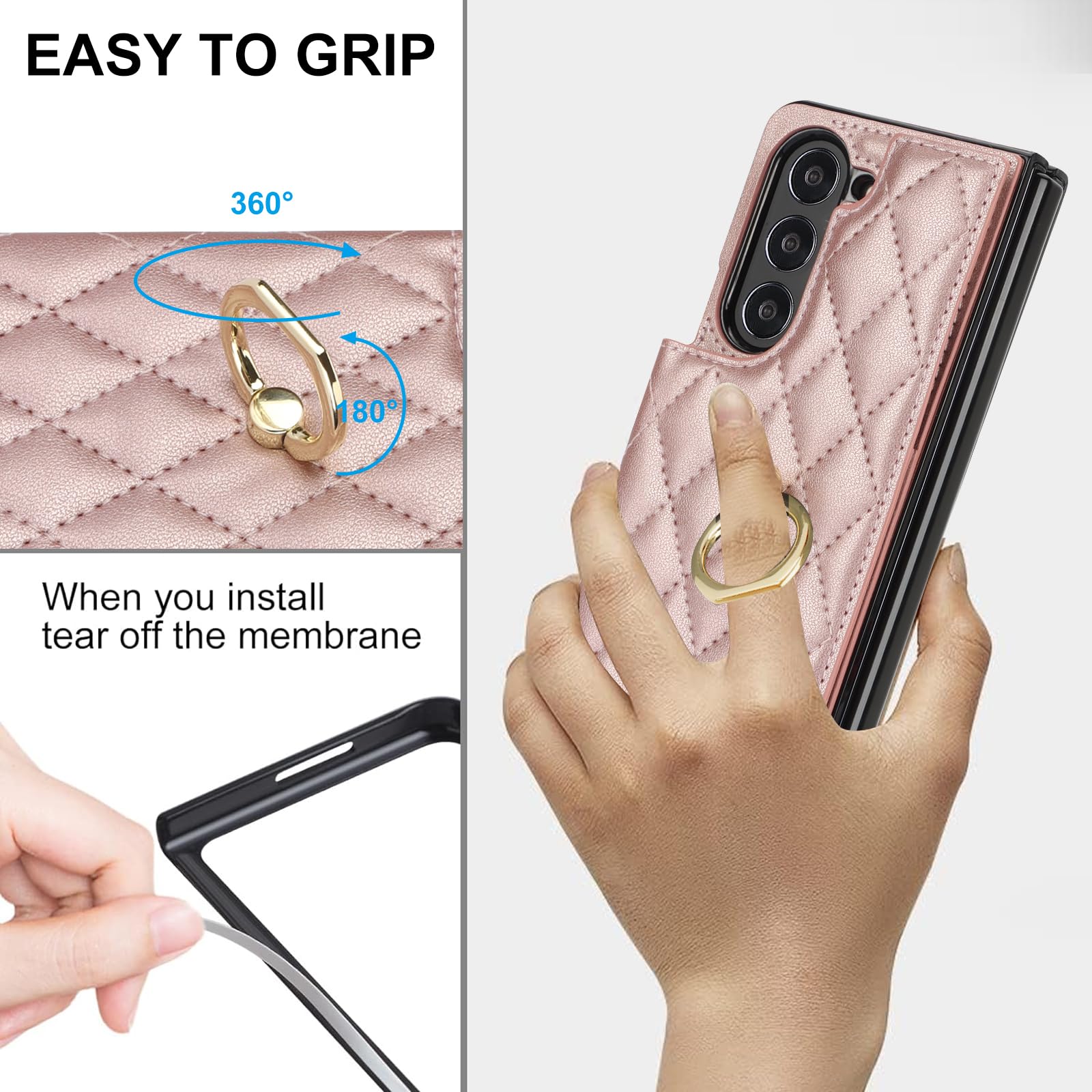 Samsung Galaxy Z Fold 6 Leather Wallet Case w Ring Card Holder Kickstand - Rosegold