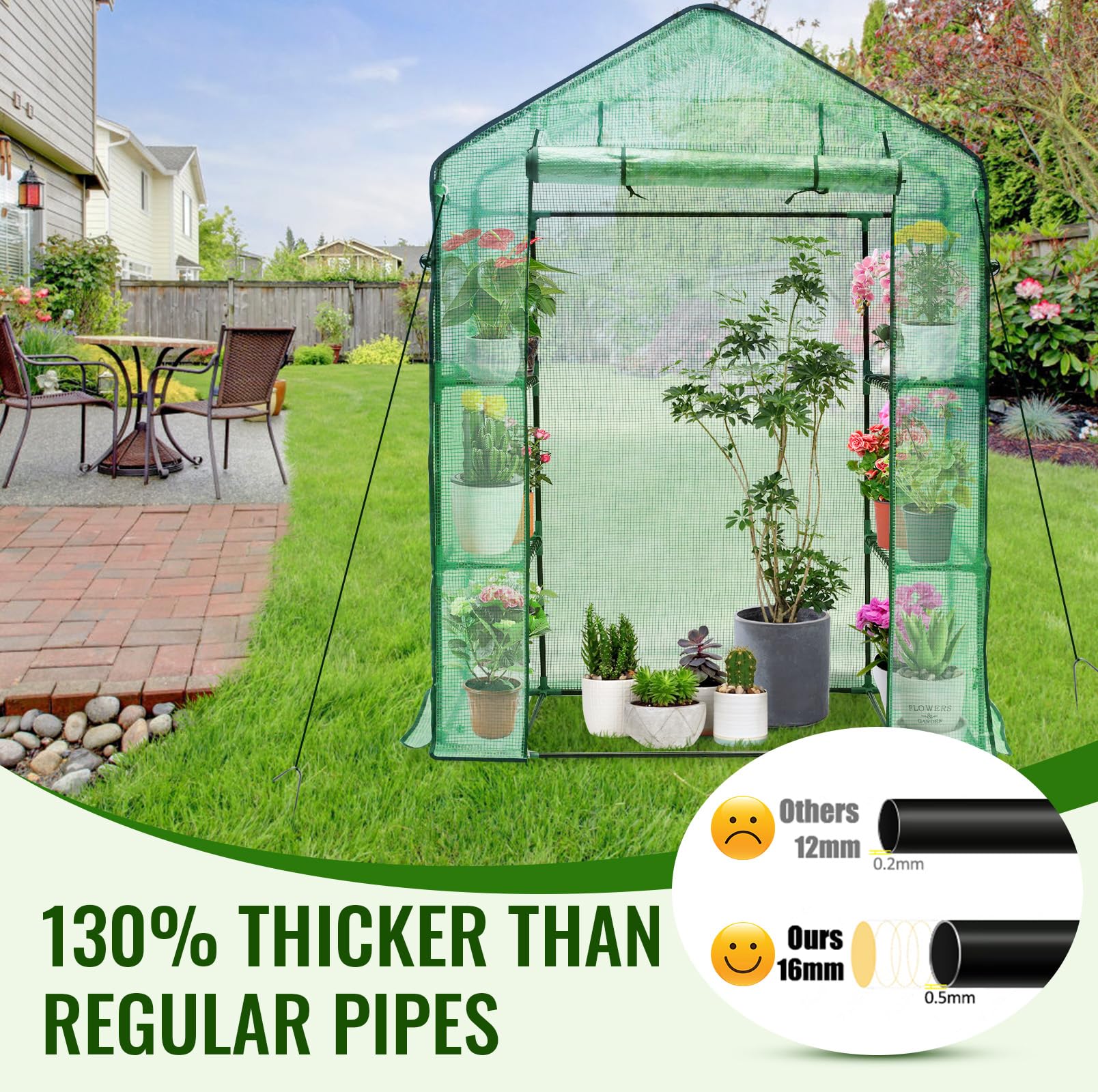 Portable Walk-in Greenhouse 3 Tiers 4 Shelves Screen Windows PE Cover Green 28x57x76