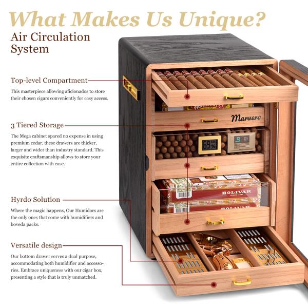 Cedar Wood Cigar Humidor Cabinet 300 Cigar Capacity 5 Drawers with Digital Hygrometer Black